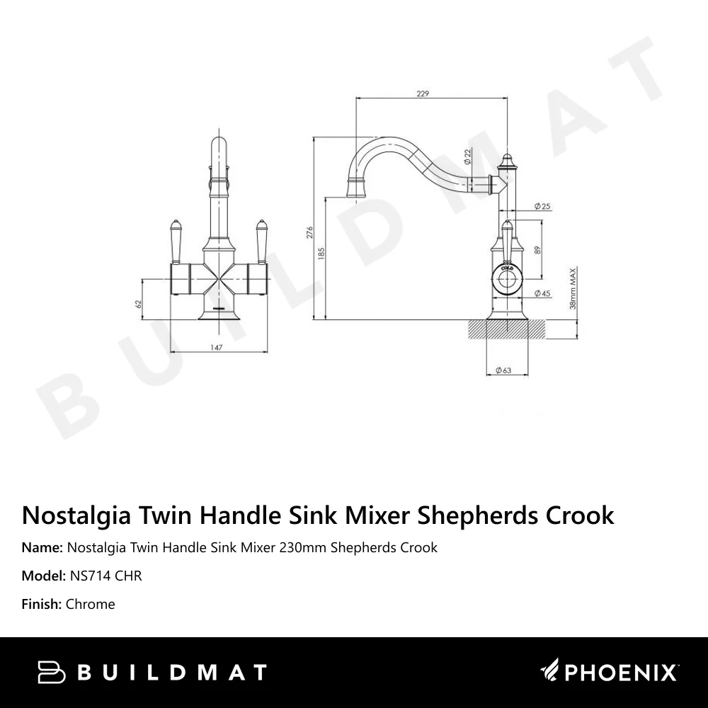 Phoenix Nostalgia Twin Handle Sink Mixer 230mm Shepherds Crook Chrome - Image 4