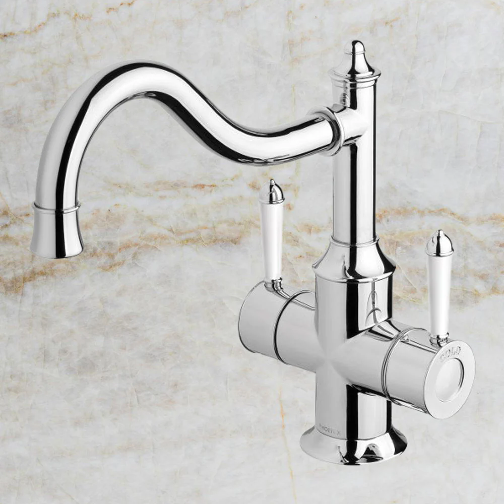 Phoenix Nostalgia Twin Handle Sink Mixer 230mm Shepherds Crook Chrome White - Image 2