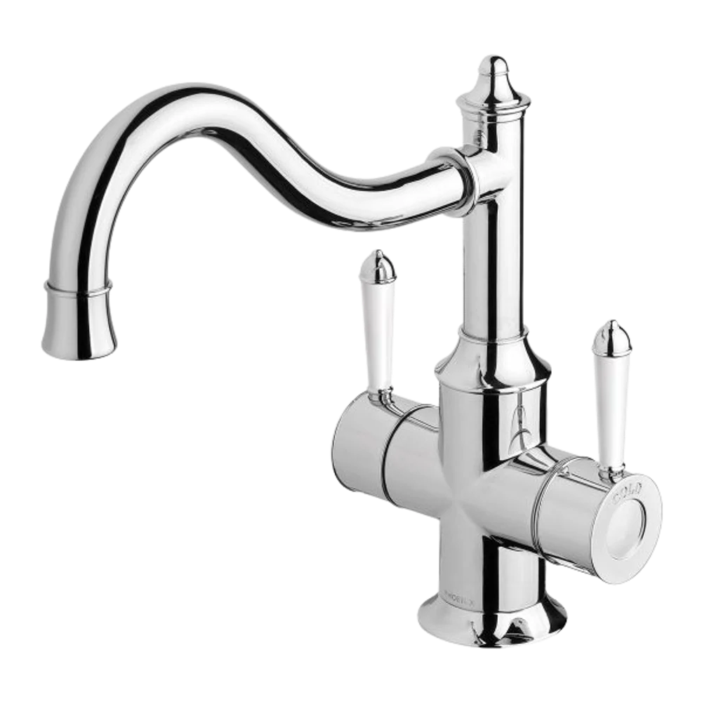 Phoenix Nostalgia Twin Handle Sink Mixer 230mm Shepherds Crook Chrome White - Image 3