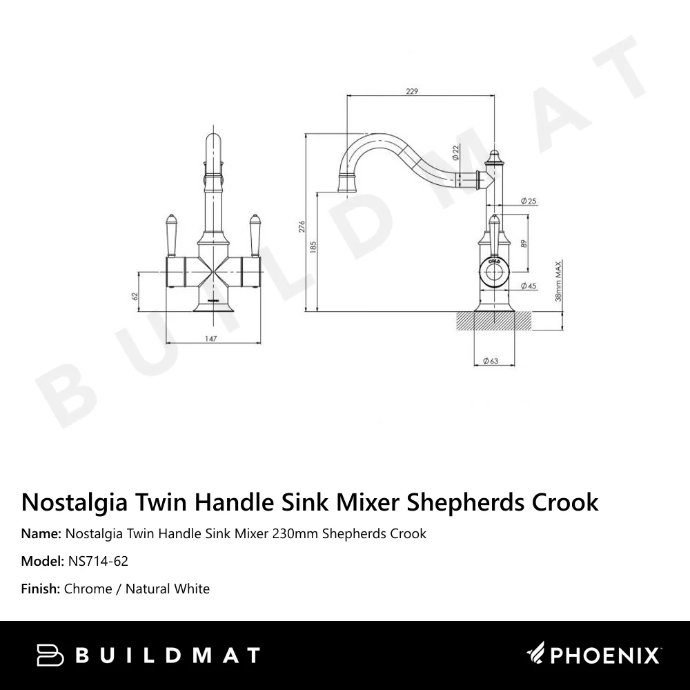 Phoenix Nostalgia Twin Handle Sink Mixer 230mm Shepherds Crook Chrome White - Image 4