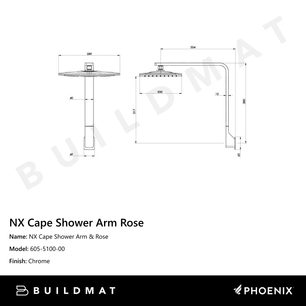 Phoenix NX Cape Shower Arm & Rose Chrome - Image 4