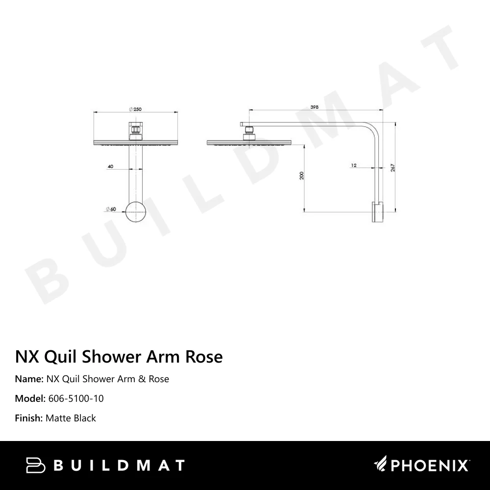 Phoenix NX Quil Shower Arm & Rose Matte Black - Image 4