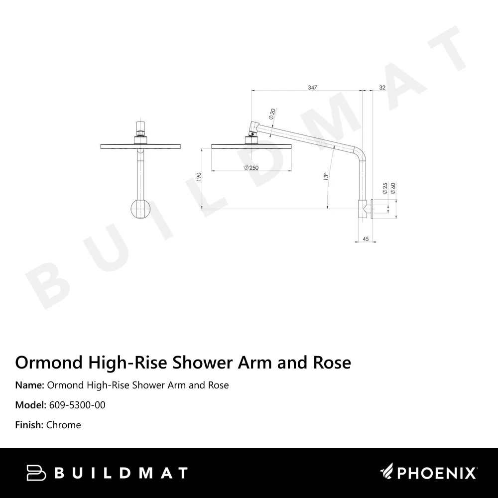Phoenix Ormond High-Rise Shower Arm & Rose Chrome - Image 4