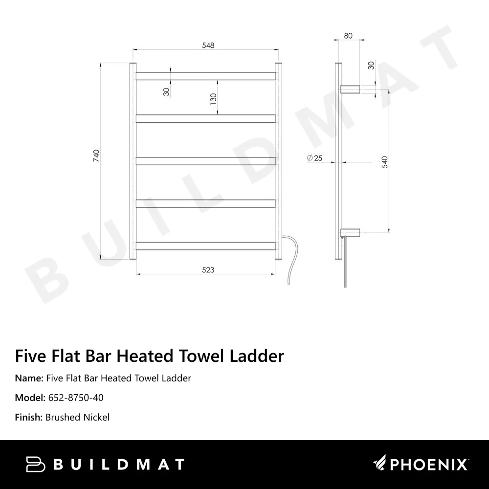 Phoenix Five Flat Bar Heated Towel Ladder 550mm x 740mm Brushed Nickel - Image 4