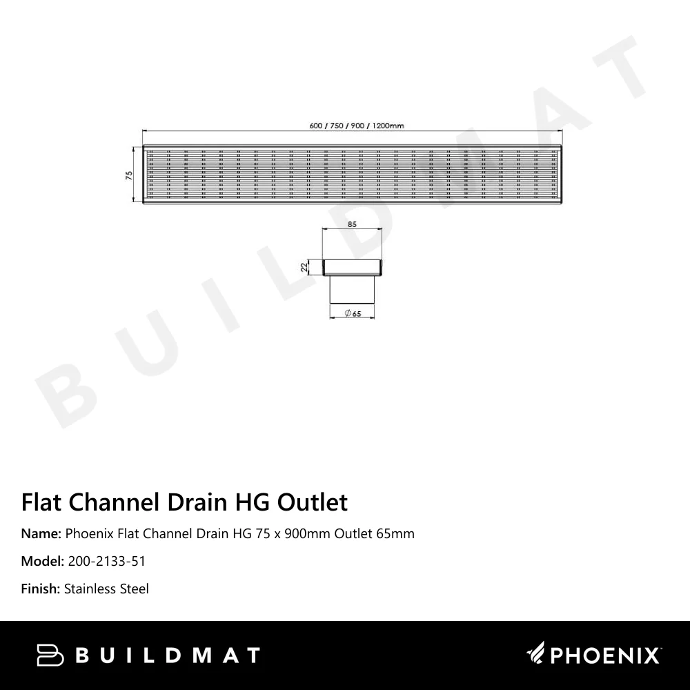 Phoenix Flat Channel Drain HG 75 x 900mm Outlet 65mm Stainless Steel - Image 4