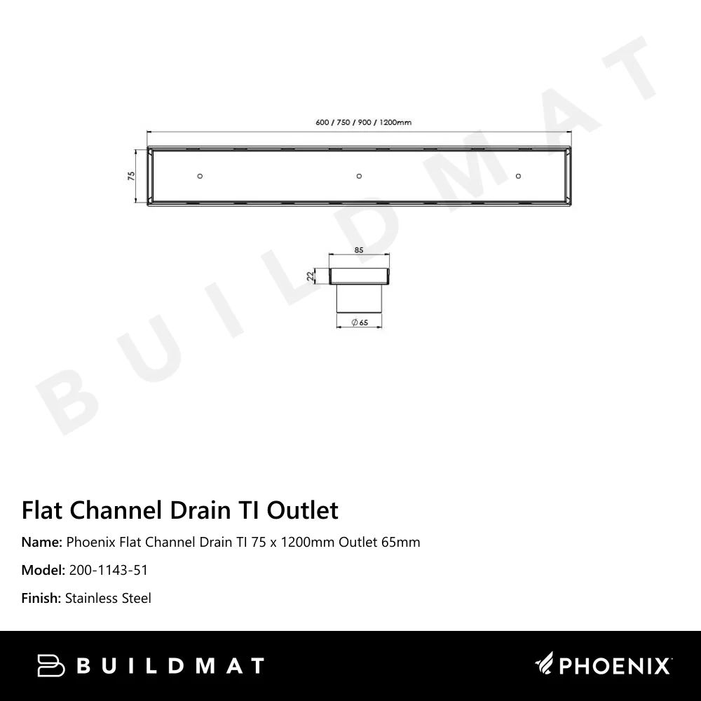 Phoenix Flat Channel Drain TI 75 x 1200mm Outlet 65mm Stainless Steel - Image 4