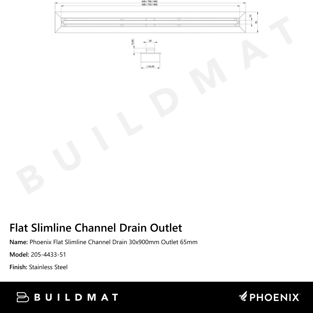 Phoenix Flat Slimline Channel Drain 30x900mm Outlet 65mm Stainless Steel - Image 4