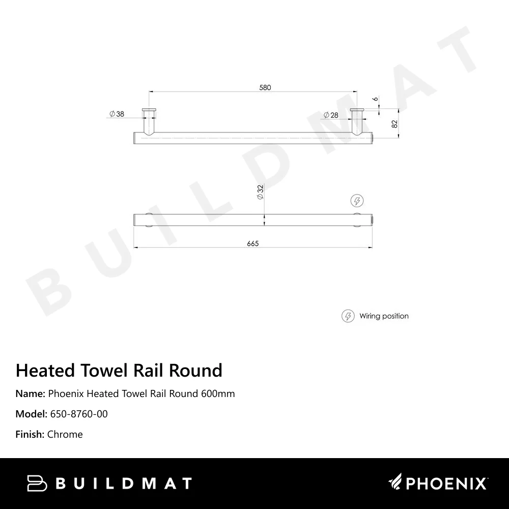 Phoenix Heated Towel Rail Round 600mm Chrome - Image 4