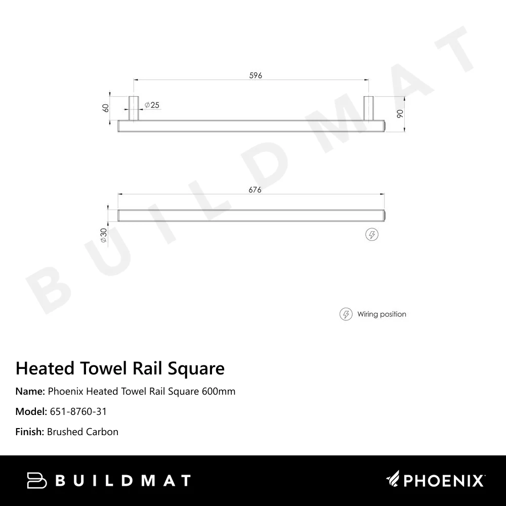 Phoenix Heated Towel Rail Square 600mm Brushed Carbon - Image 4