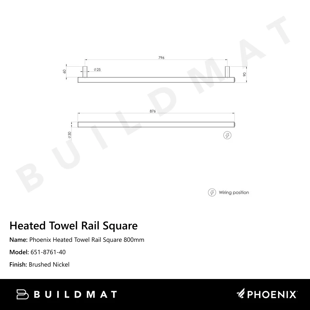 Phoenix Heated Towel Rail Square 800mm Brushed Nickel - Image 4
