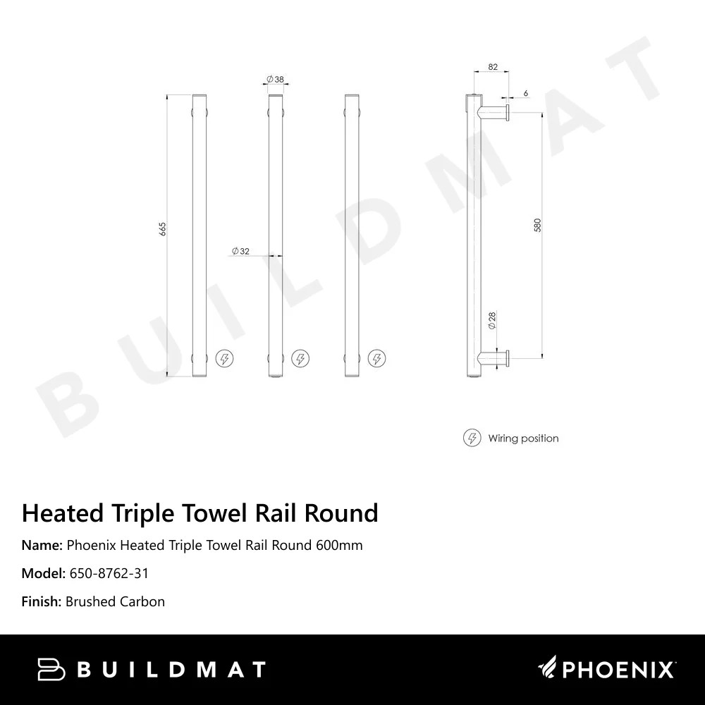 Phoenix Heated Triple Towel Rail Round 600mm Brushed Carbon - Image 4