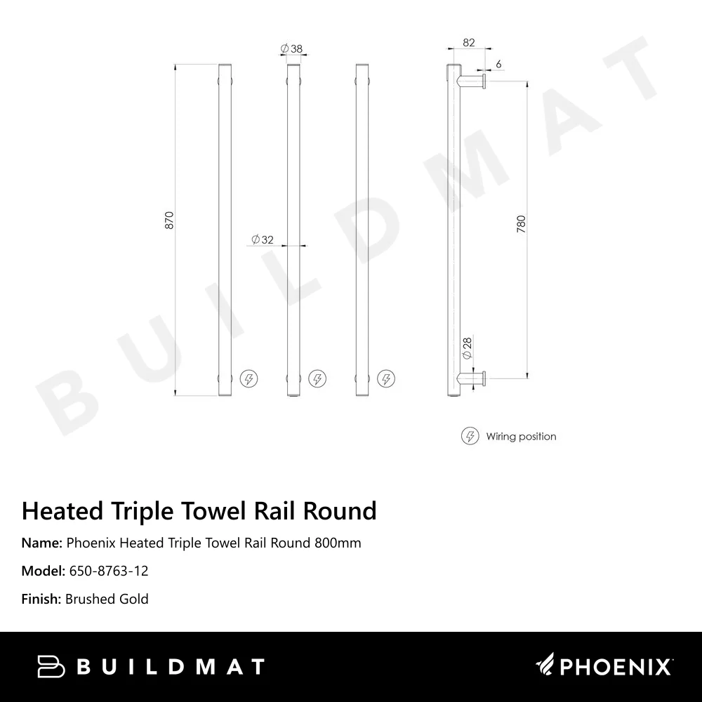 Phoenix Heated Triple Towel Rail Round 800mm Brushed Gold - Image 4