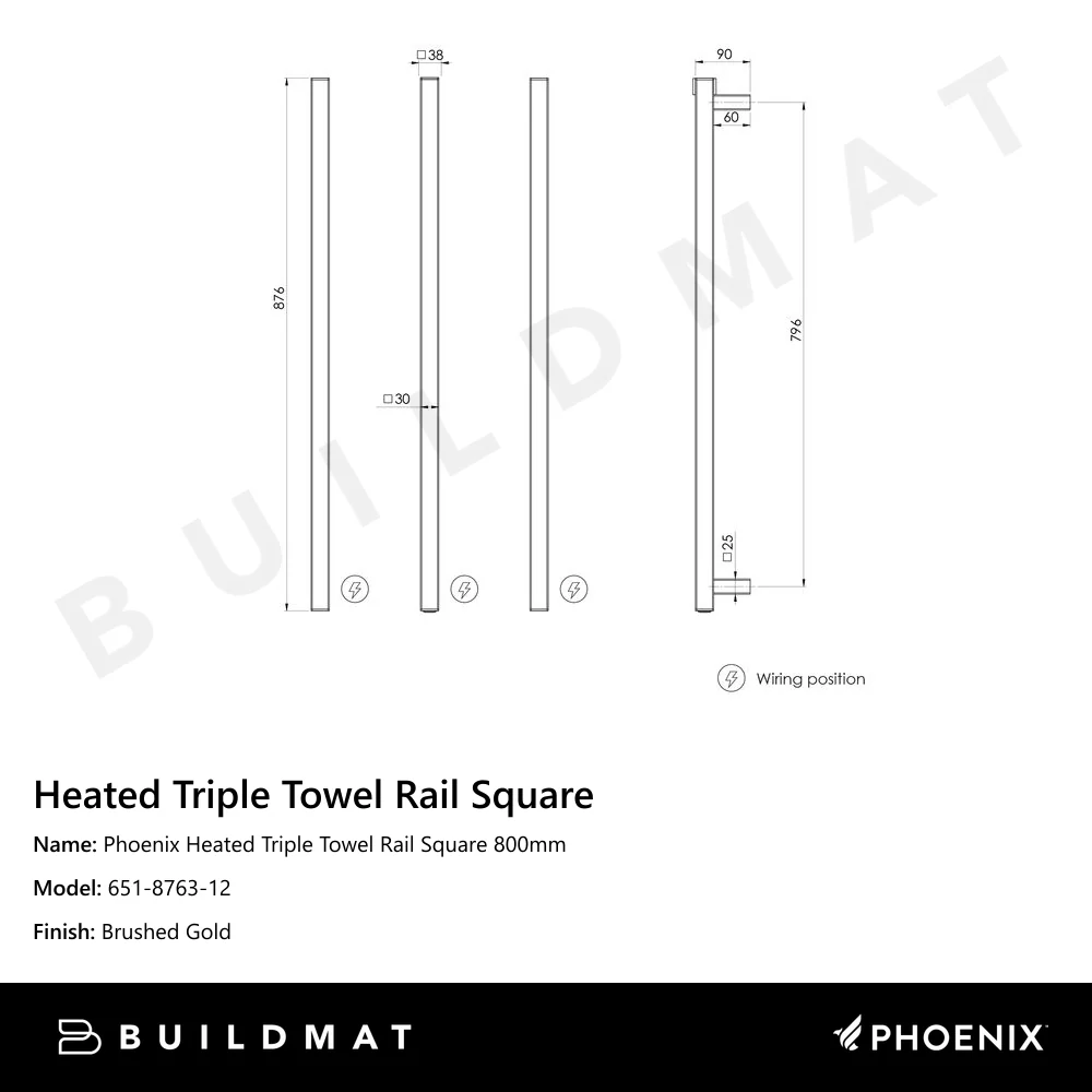 Phoenix Heated Triple Towel Rail Square 800mm Brushed Gold - Image 4