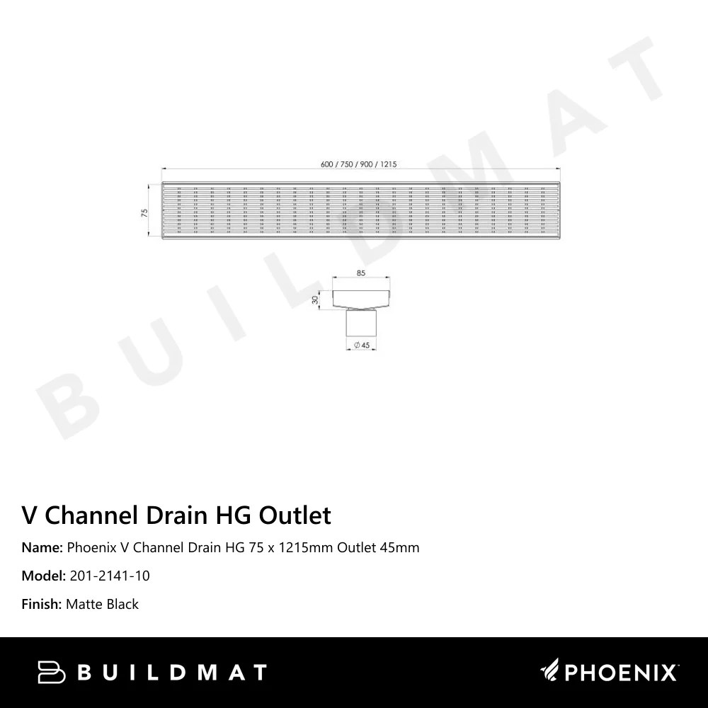 Phoenix V Channel Drain HG 75 x 1215mm Outlet 45mm Matte Black - Image 4
