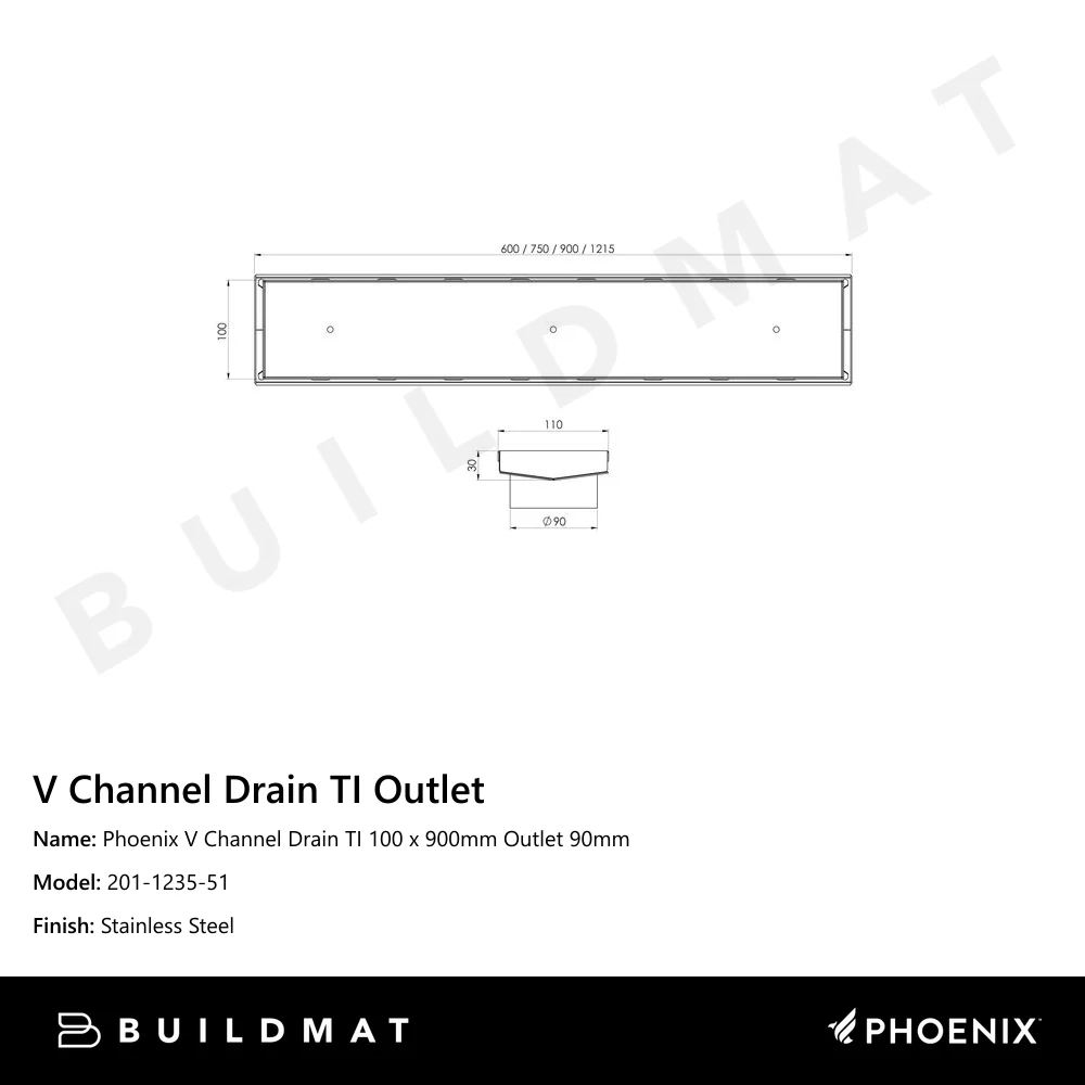 Phoenix V Channel Drain TI 100 x 900mm Outlet 90mm Stainless Steel - Image 4