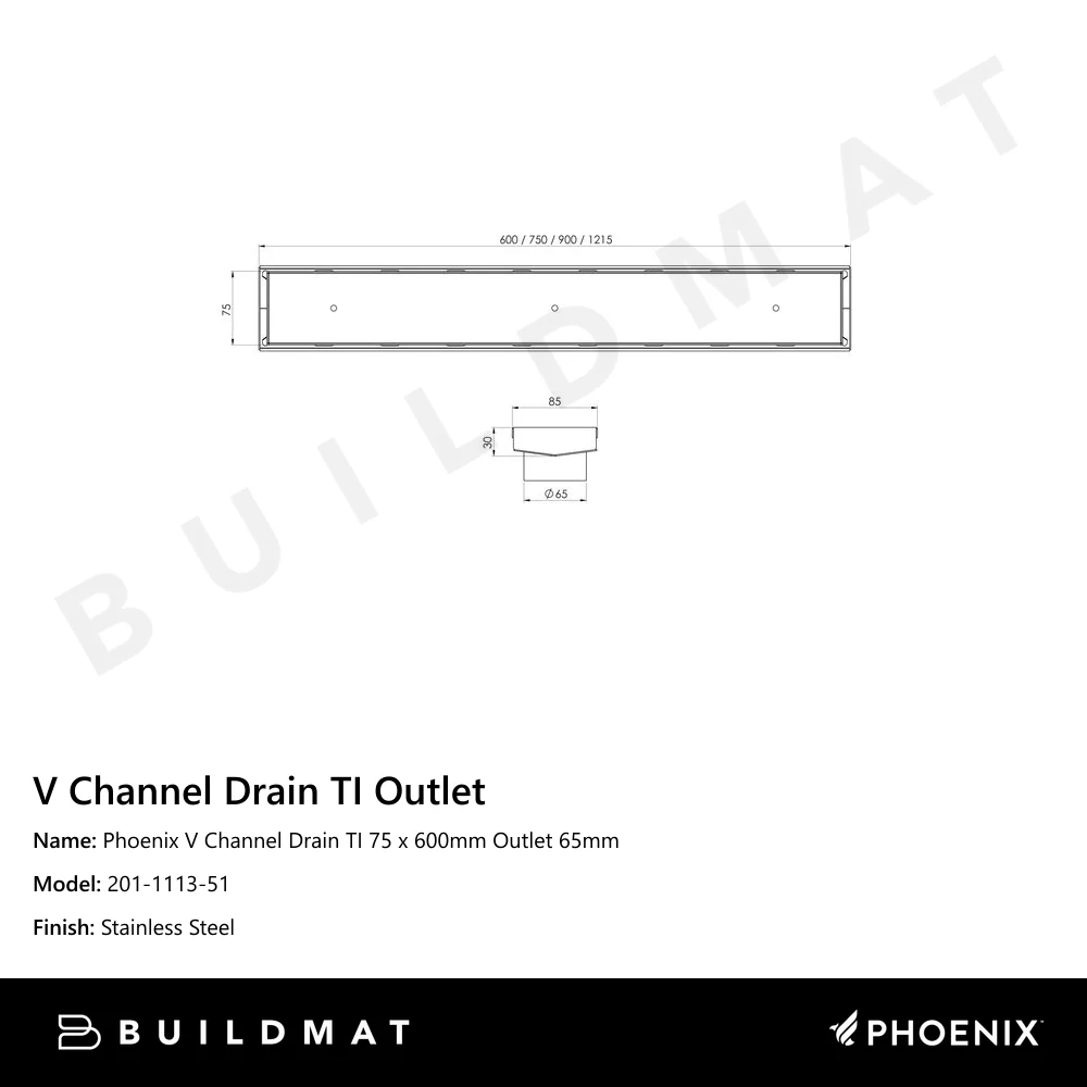 Phoenix V Channel Drain TI 75 x 600mm Outlet 65mm Stainless Steel - Image 4