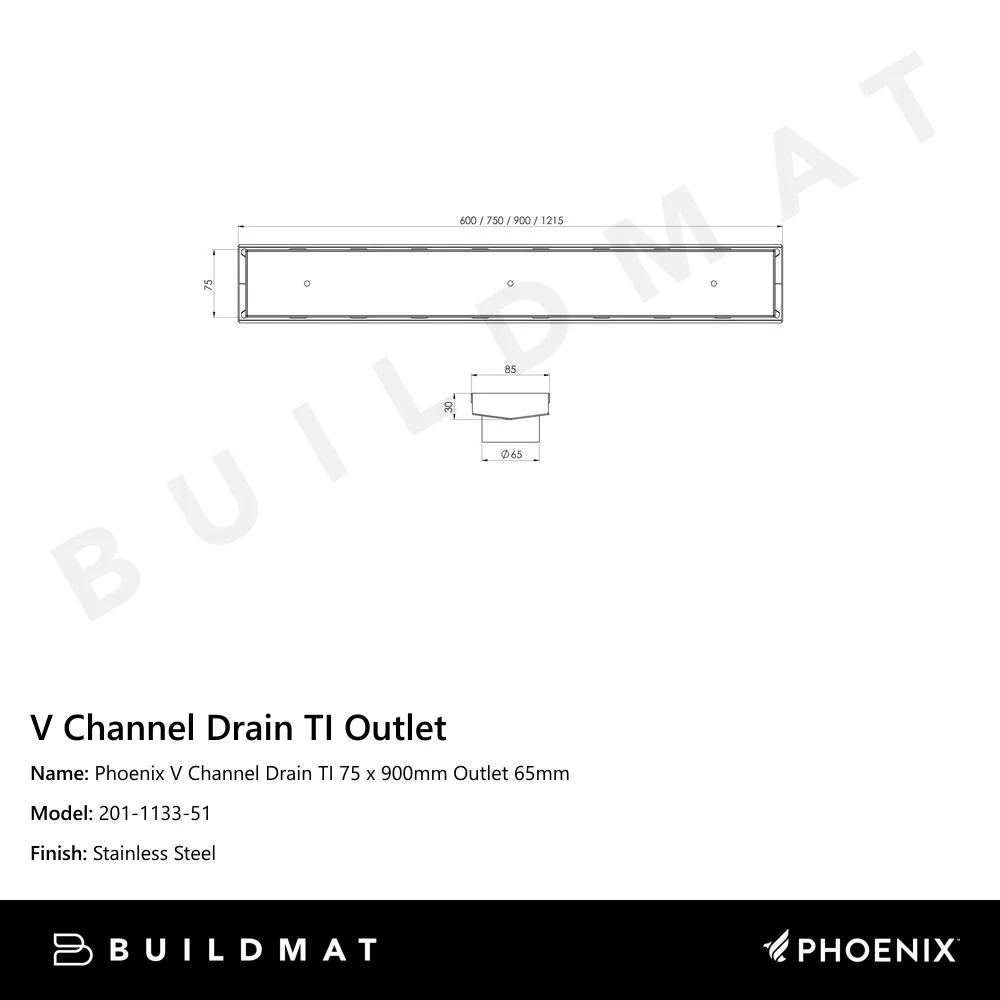 Phoenix V Channel Drain TI 75 x 900mm Outlet 65mm Stainless Steel - Image 4