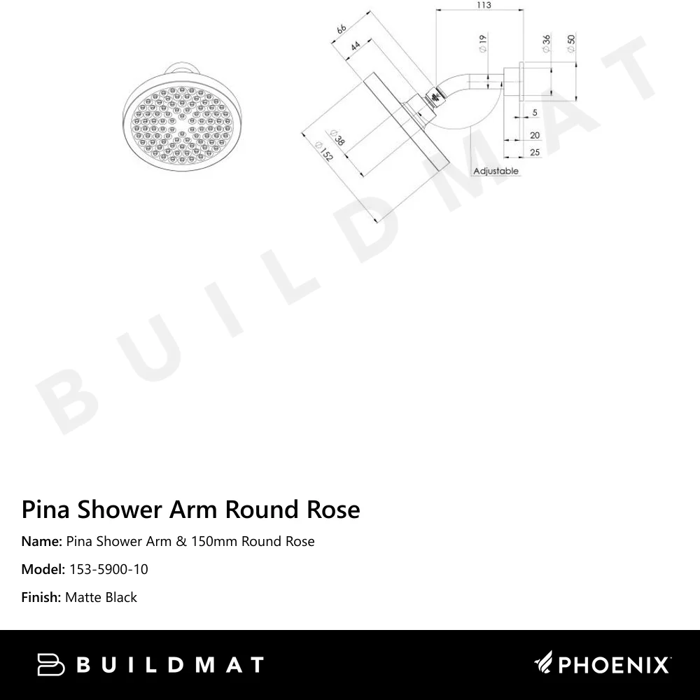 Phoenix Pina Shower Arm & 150mm Round Rose Matte Black - Image 4
