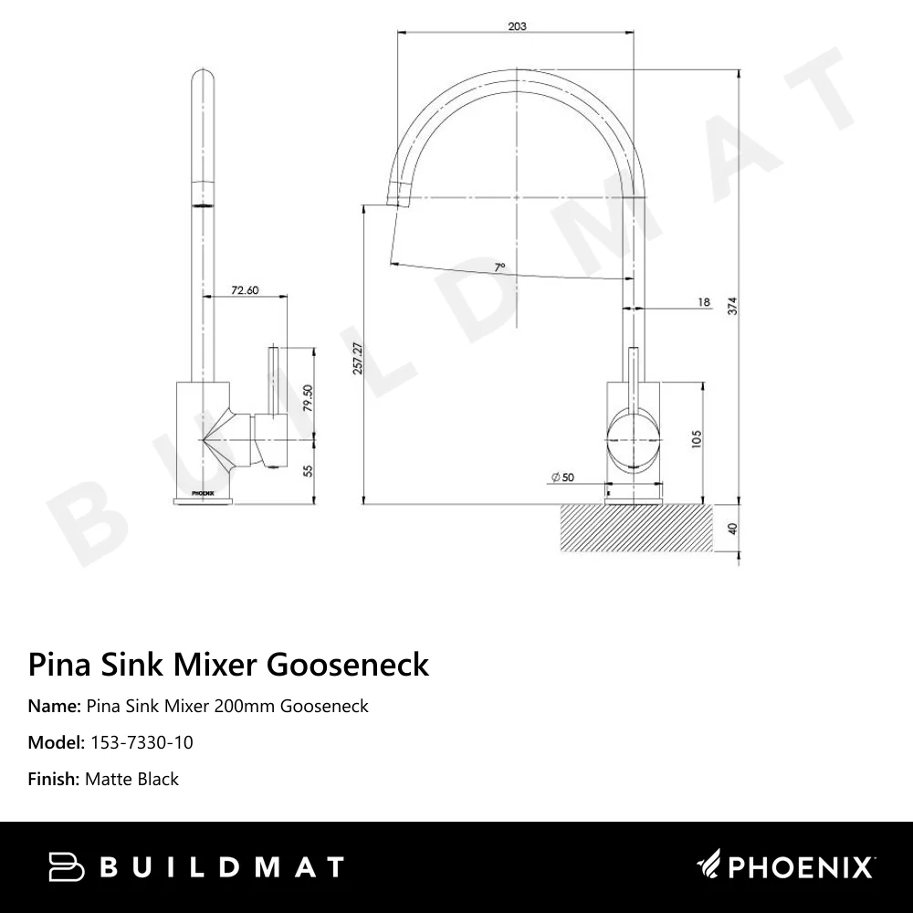 Phoenix Pina Sink Mixer 200mm Gooseneck Matte Black - Image 4