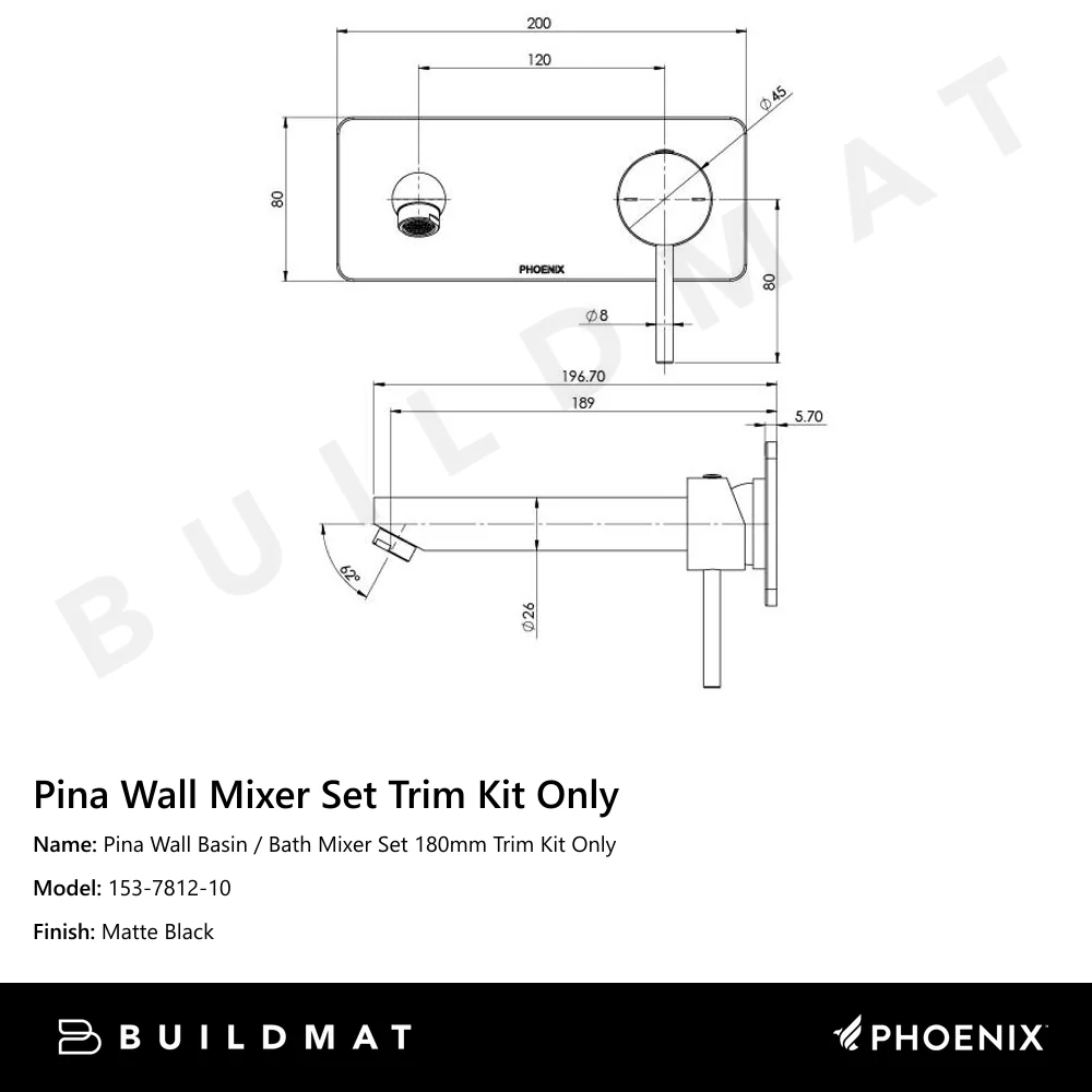 Phoenix Pina Wall Basin / Bath Mixer Set 180mm (Trim Kit Only) Matte Black - Image 4