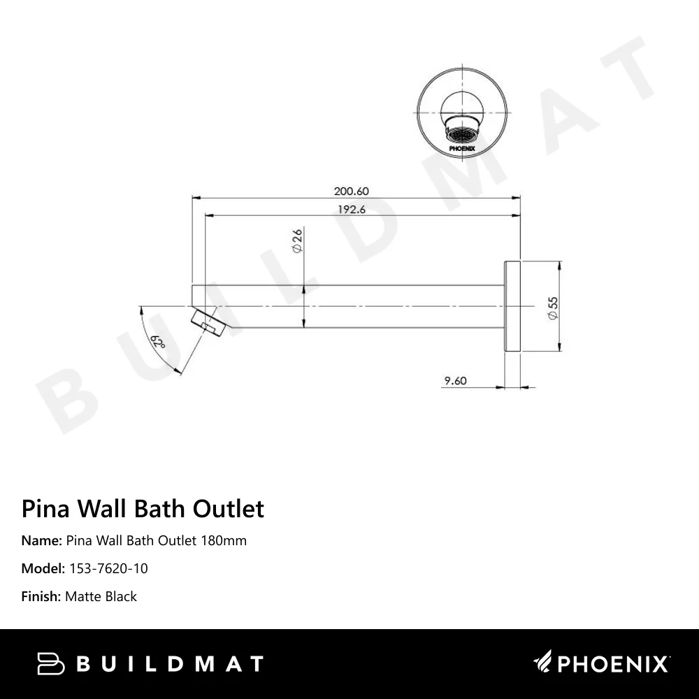 Phoenix Pina Wall Bath / Basin Outlet 180mm Matte Black - Image 4
