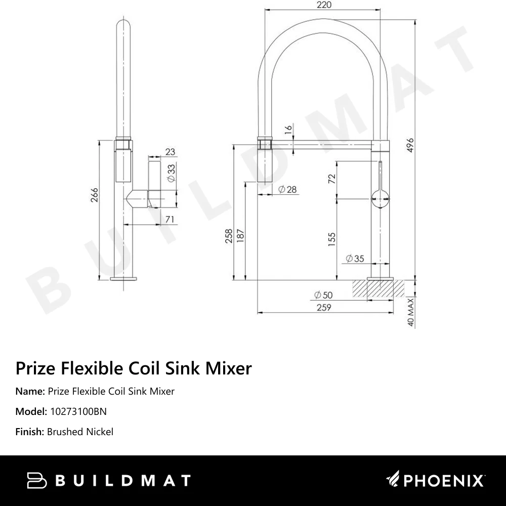Phoenix Prize Flexible Coil Sink Mixer 220mm Brushed Nickel - Image 4