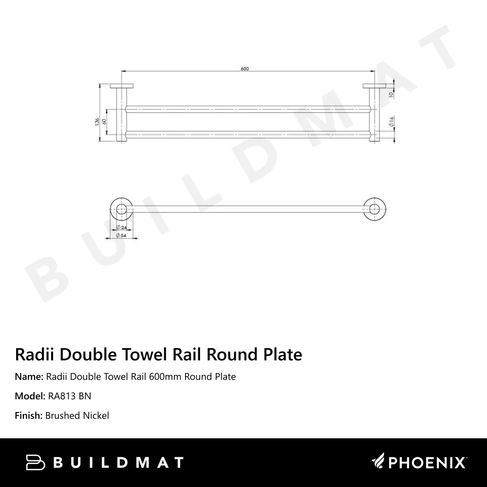 Phoenix Radii Double Towel Rail 600mm Round Plate Brushed Nickel - Image 4