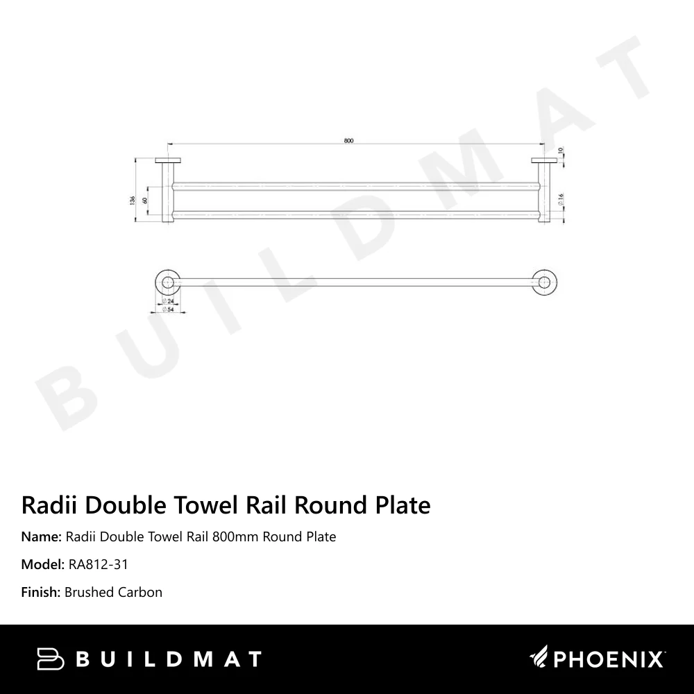 Phoenix Radii Double Towel Rail 800mm Round Plate Brushed Carbon - Image 4