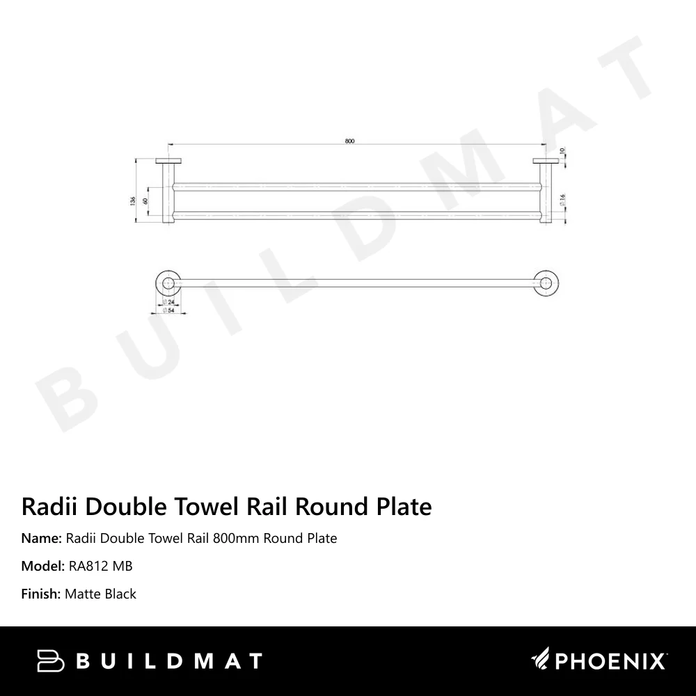 Phoenix Radii Double Towel Rail 800mm Round Plate Matte Black - Image 4