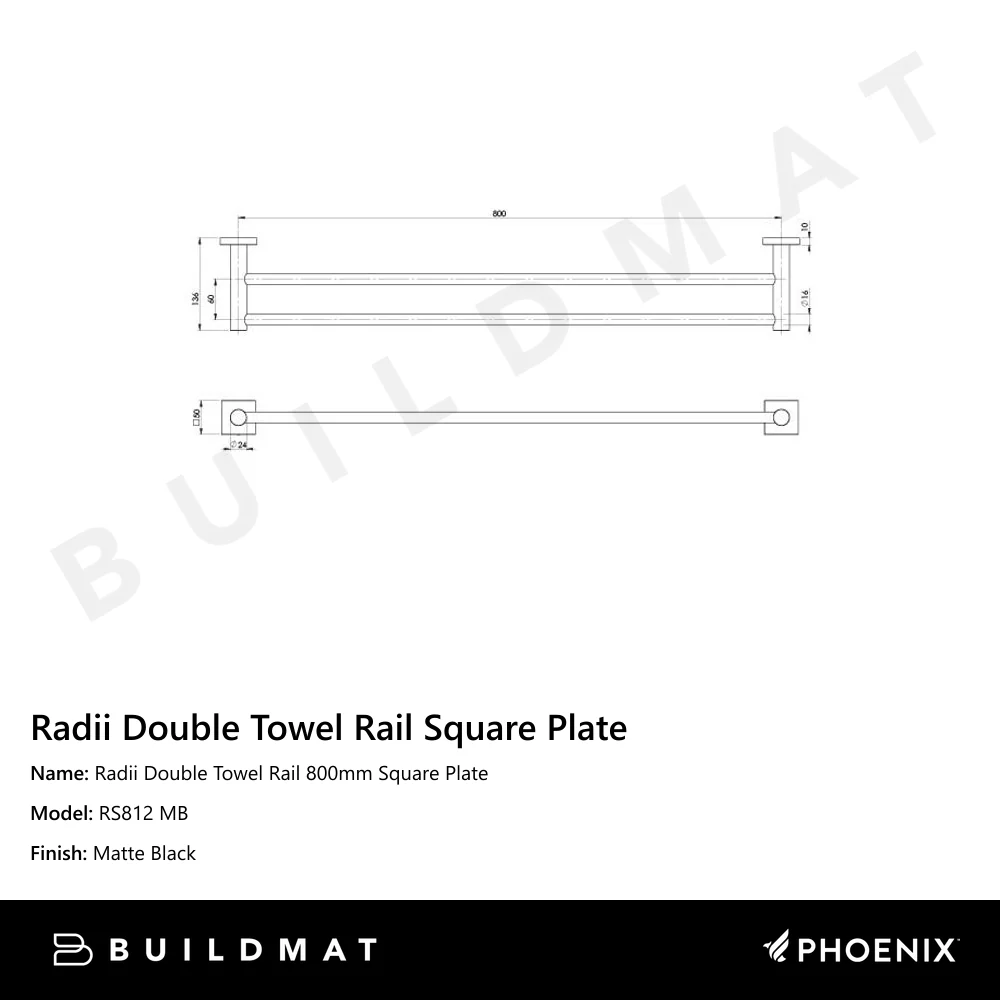 Phoenix Radii Double Towel Rail 800mm Square Plate Matte Black - Image 4