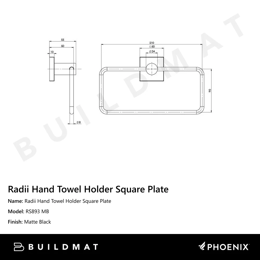 Phoenix Radii Hand Towel Holder Square Plate Matte Black - Image 4
