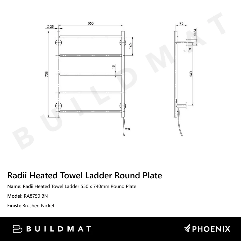 Phoenix Radii Heated Towel Ladder 550 x 740mm Round Plate Brushed Nickel - Image 4