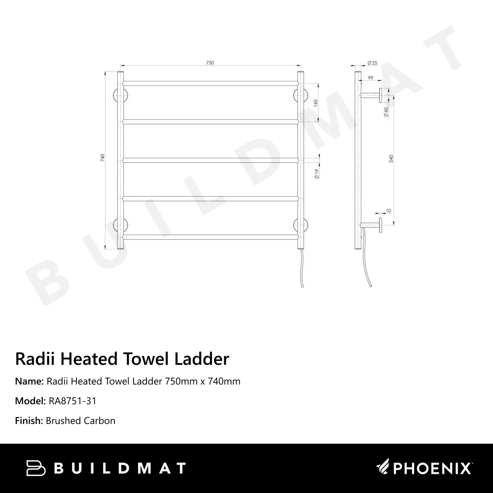 Phoenix Radii Heated Towel Ladder 750mm x 740mm Brushed Carbon - Image 4