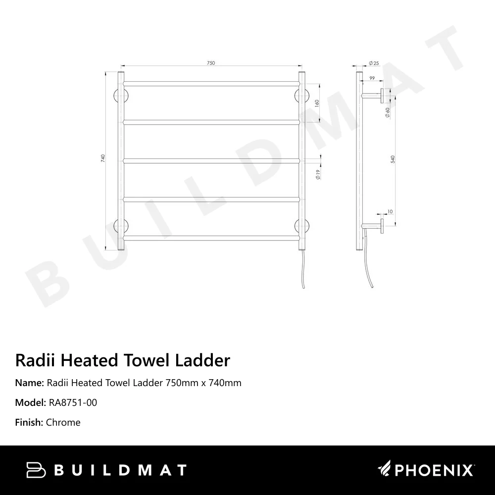 Phoenix Radii Heated Towel Ladder 750mm x 740mm Chrome - Image 4