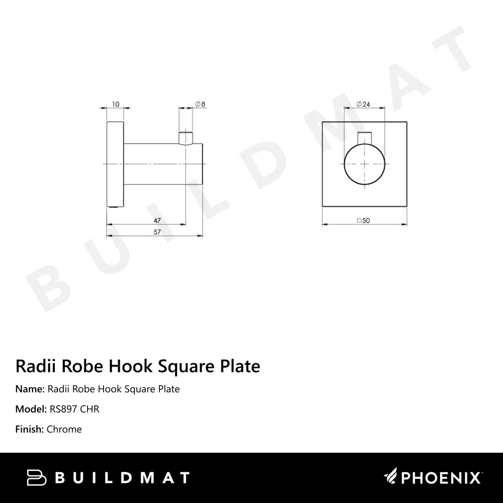 Phoenix Radii Robe Hook Square Plate Chrome - Image 4