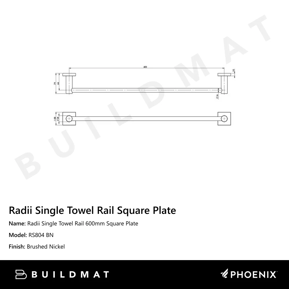 Phoenix Radii Single Towel Rail 600mm Square Plate Brushed Nickel - Image 4