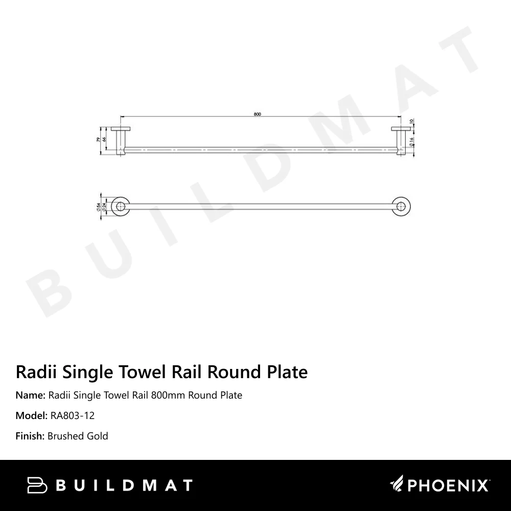 Phoenix Radii Single Towel Rail 800mm Round Plate Brushed Gold - Image 4