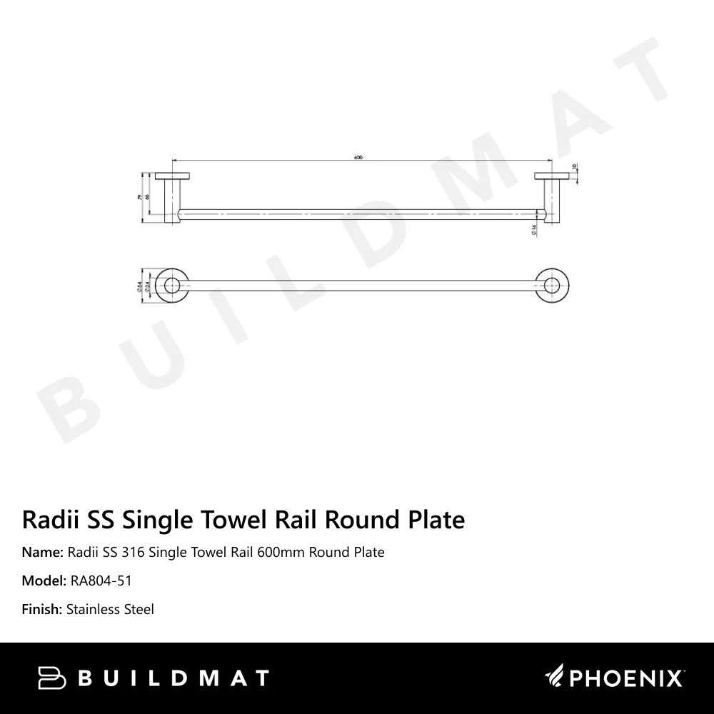 Phoenix Radii SS 316 Single Towel Rail Round Plate 600mm Stainless Steel - Image 4