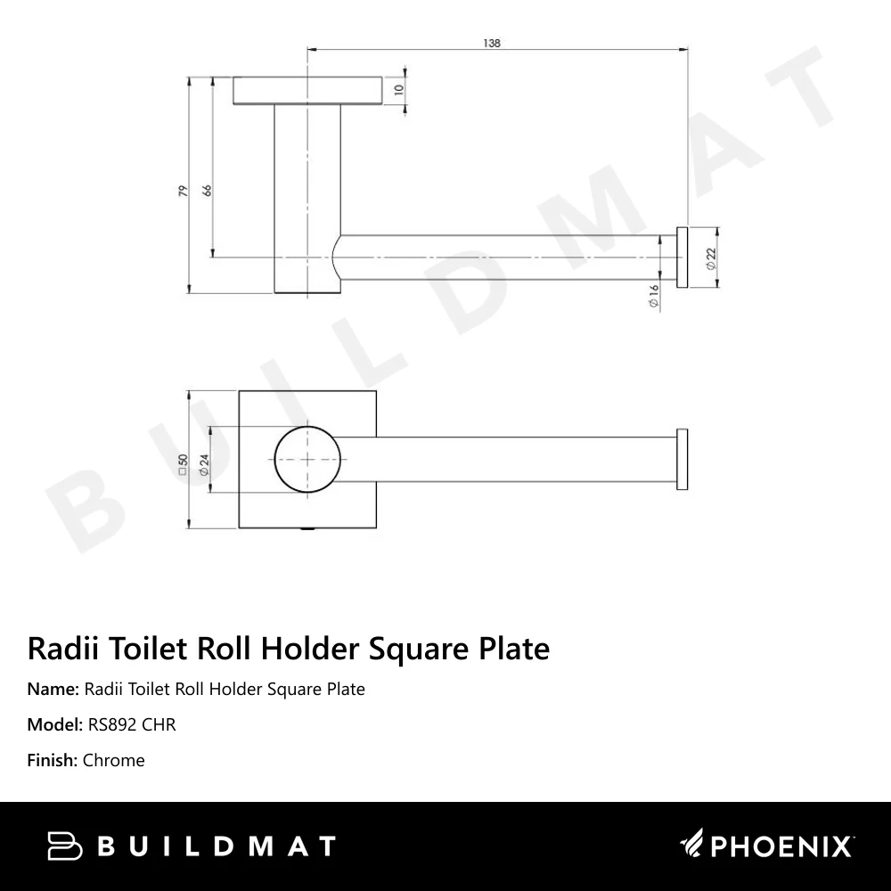 Phoenix Radii Toilet Roll Holder Square Plate Chrome - Image 4