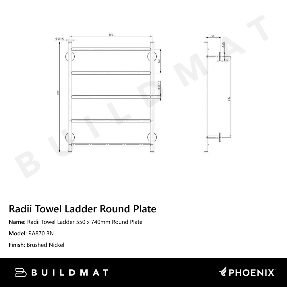 Phoenix Radii Towel Ladder 550 x 740mm Round Plate Brushed Nickel - Image 4