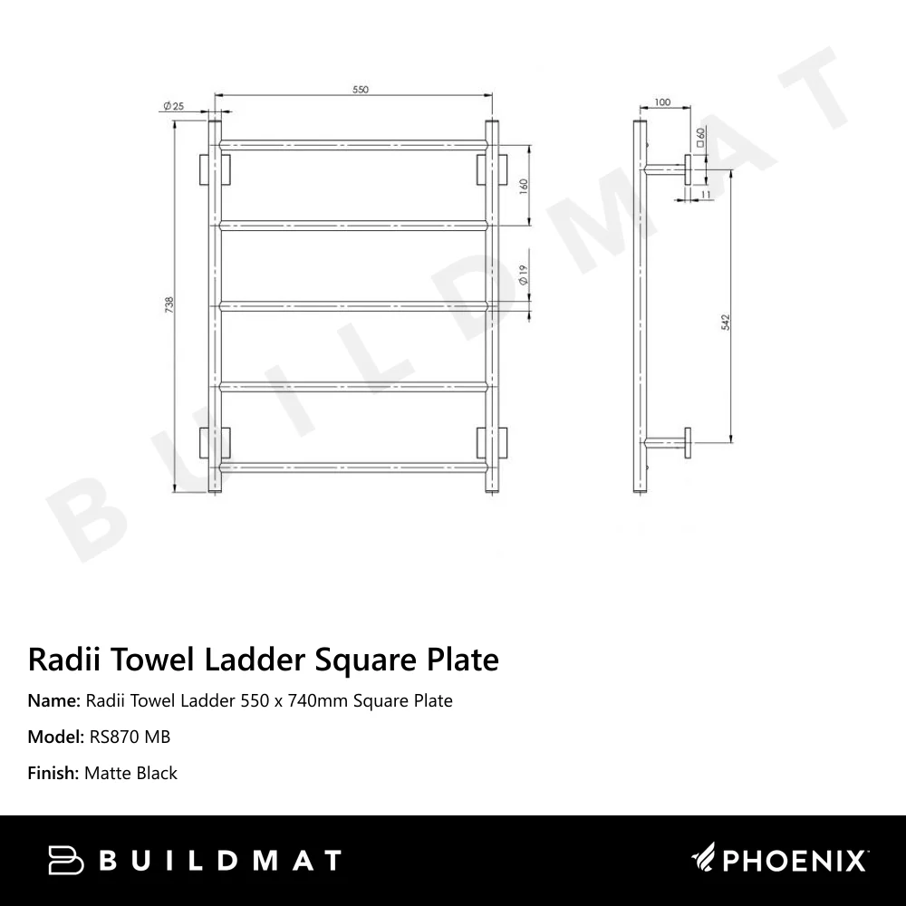 Phoenix Radii Towel Ladder 550 x 740mm Square Plate Matte Black - Image 4