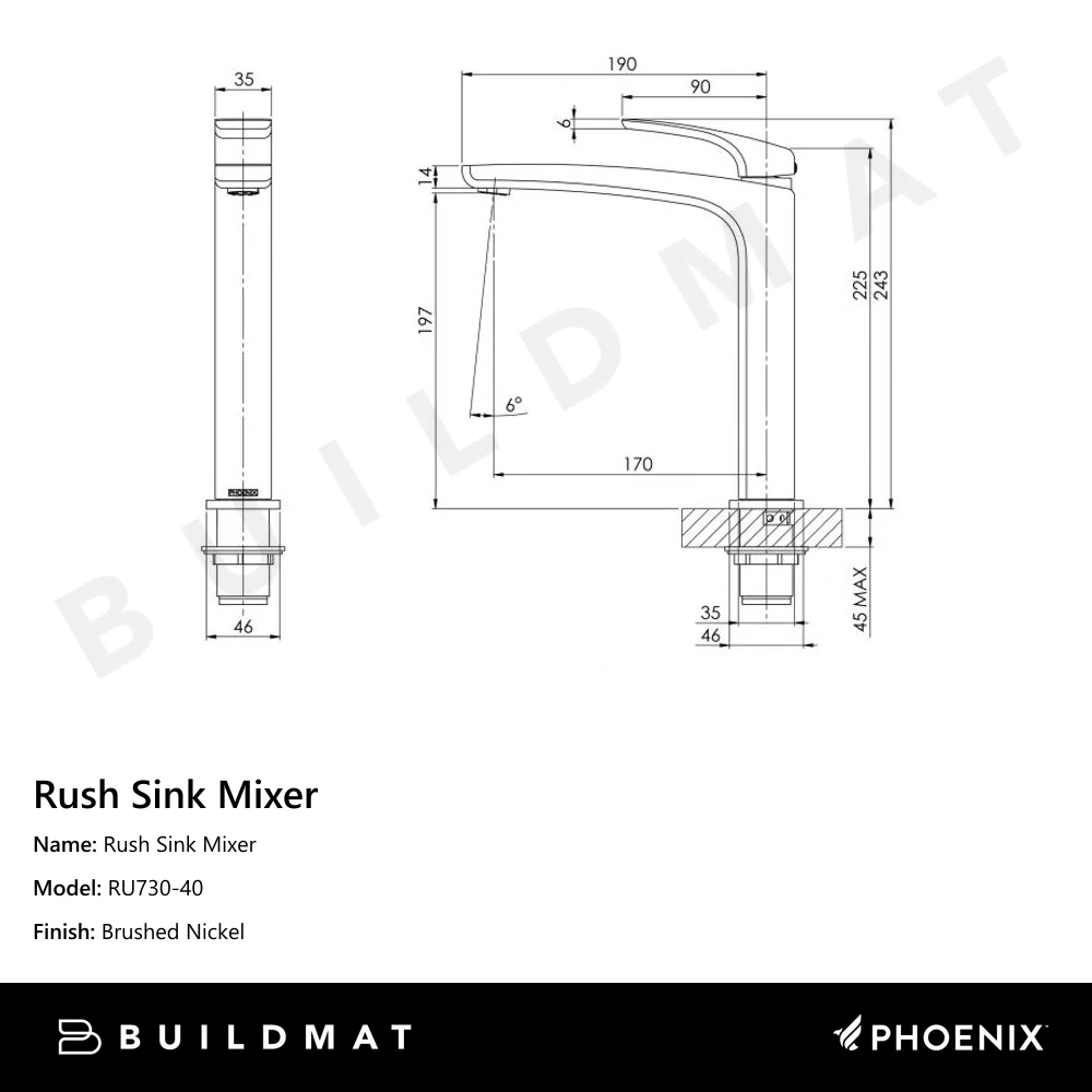 Phoenix Rush Sink Mixer 190mm Brushed Nickel - Image 4