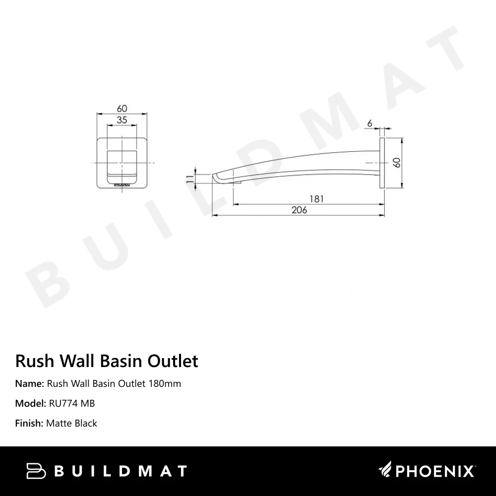Phoenix Rush Wall Basin Outlet 180mm Matte Black - Image 4