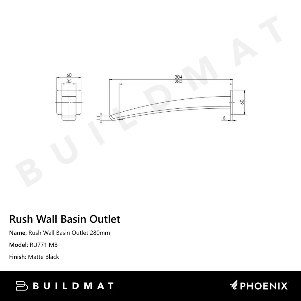 Phoenix Rush Wall Basin Outlet 280mm Matte Black - Image 4