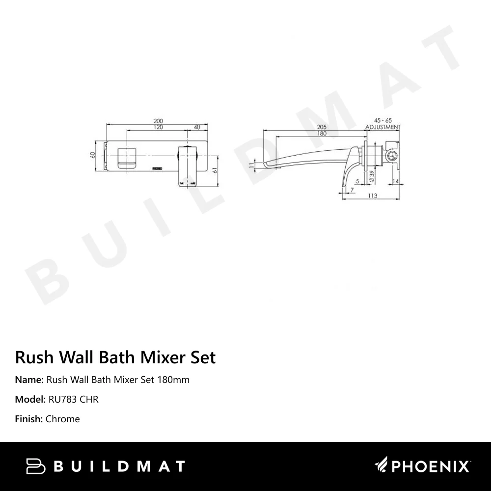 Phoenix Rush Wall Bath Mixer Set 180mm Chrome - Image 4