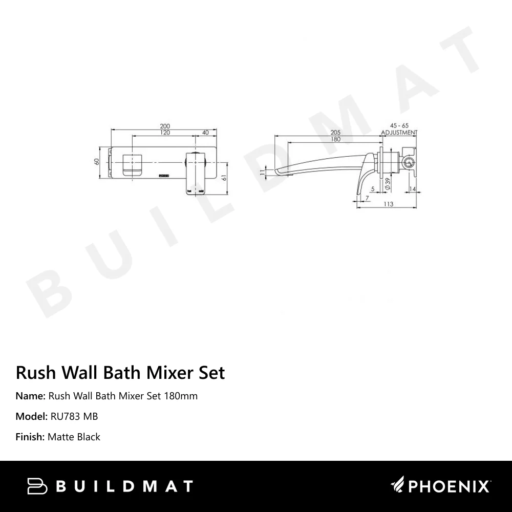 Phoenix Rush Wall Bath Mixer Set 180mm Matte Black - Image 4