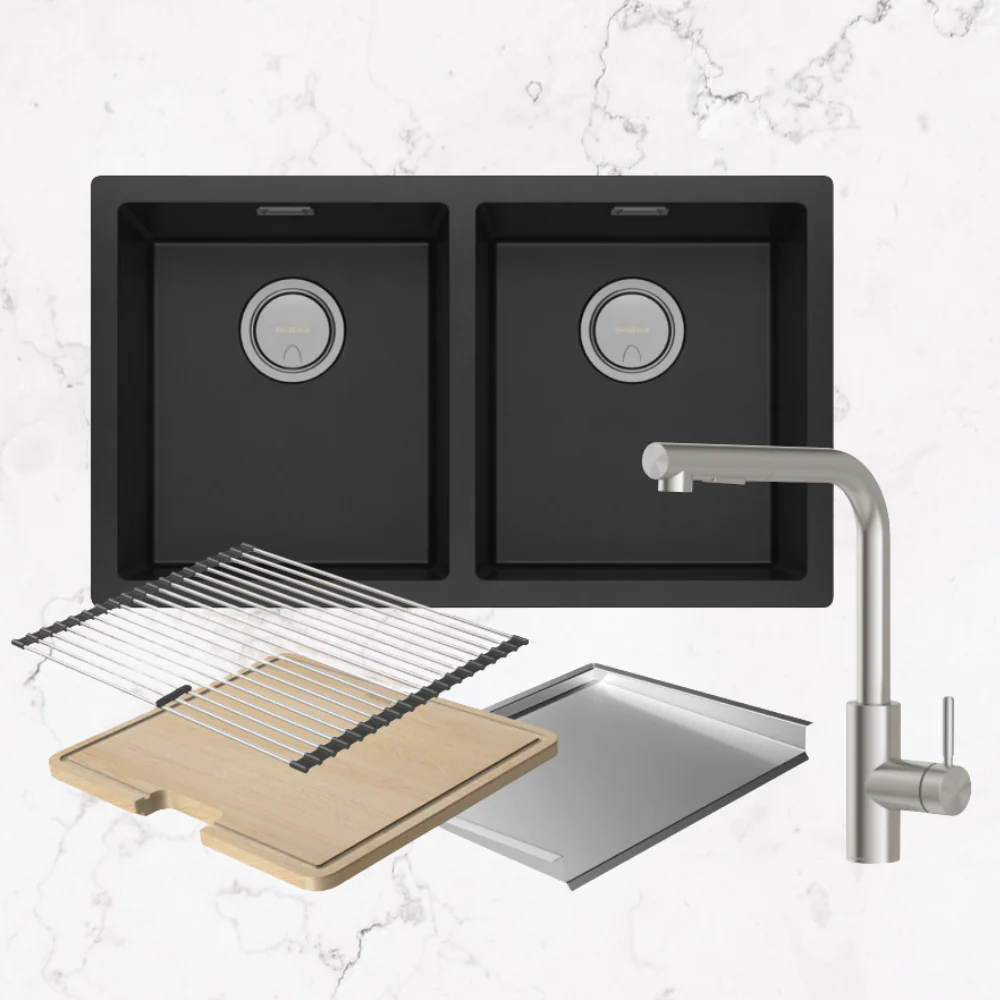 Phoenix 5000 Series Double Bowl Matte Black Sink with Vivid MKII Stainless Steel Mixer Package - Image 2