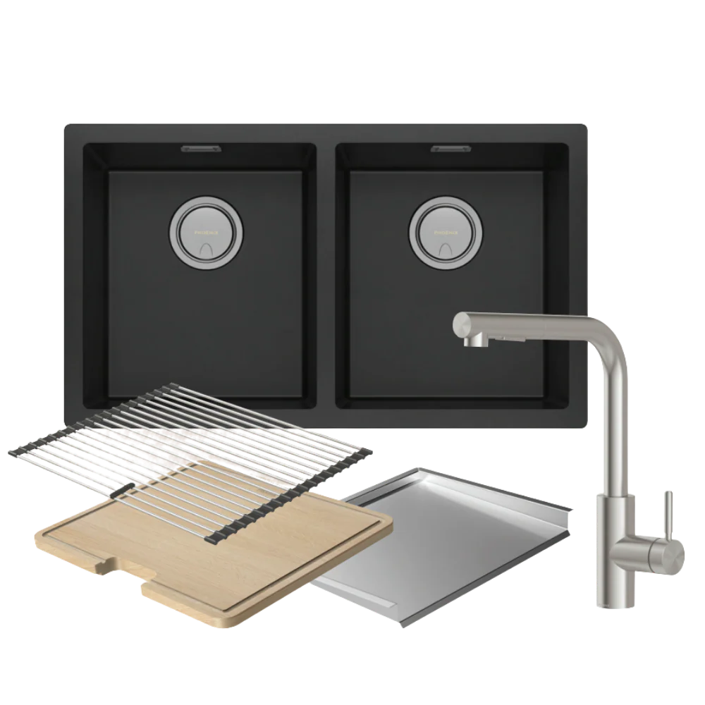 Phoenix 5000 Series Double Bowl Matte Black Sink with Vivid MKII Stainless Steel Mixer Package - Image 3