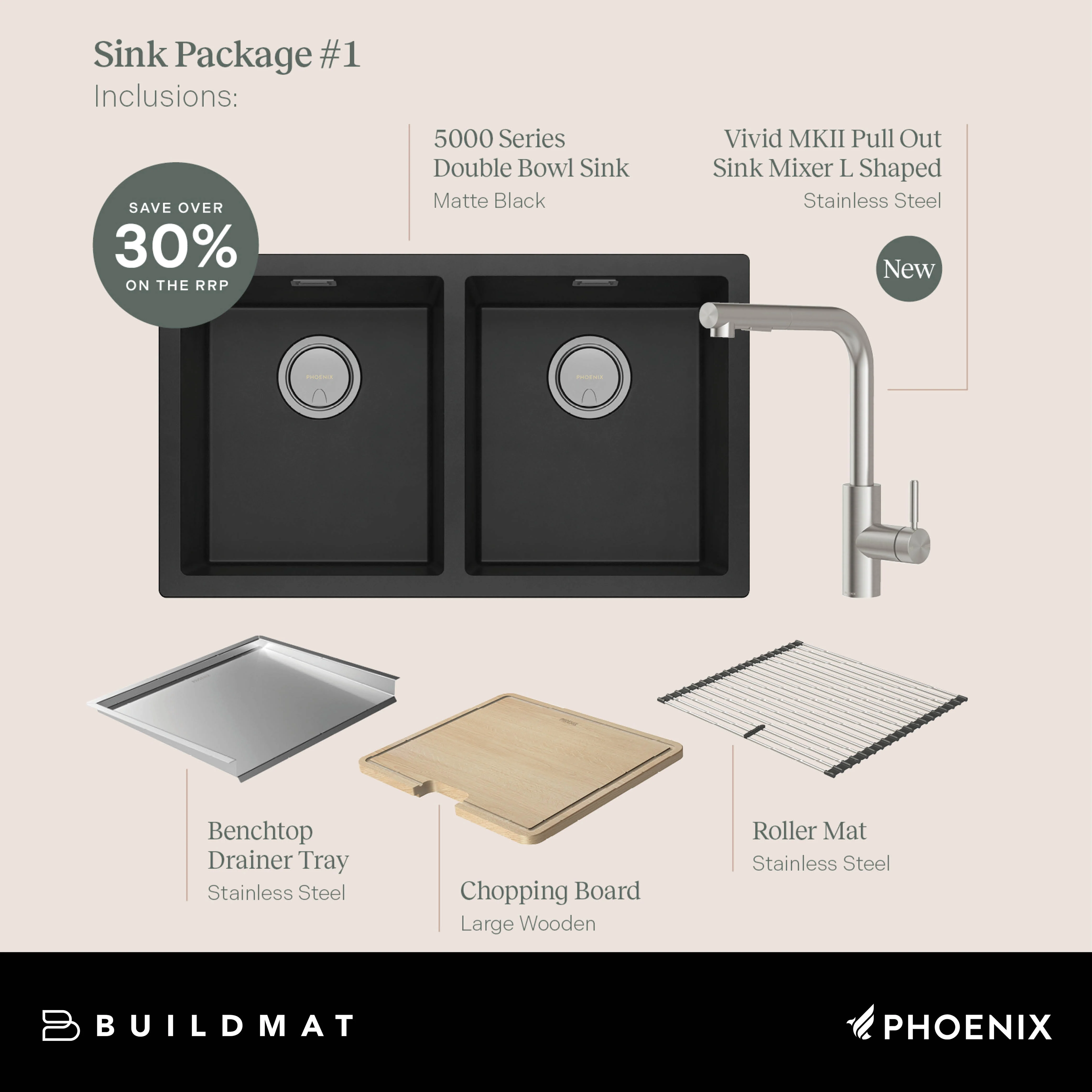 Phoenix 5000 Series Double Bowl Matte Black Sink with Vivid MKII Stainless Steel Mixer Package - Image 4