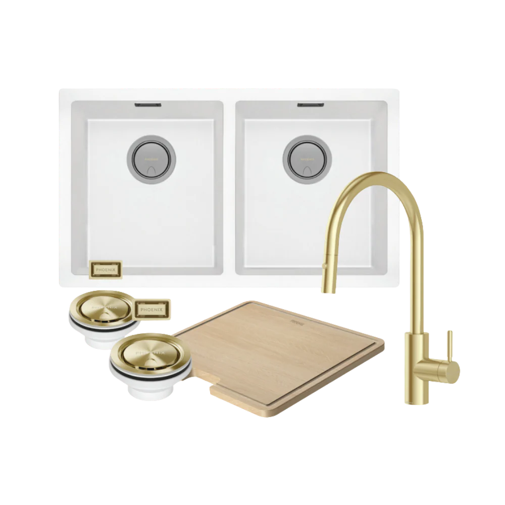 Phoenix 5000 Series Double Bowl Matte White Sink with Vivid MKII Brushed Gold Mixer Package - Image 3